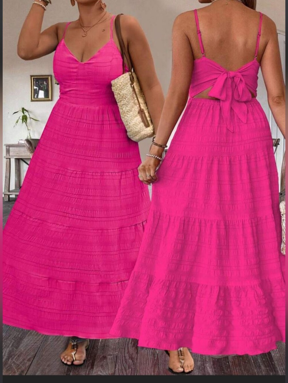 SHEIN Hot Pink Tie-Back Spaghetti Strap Maxi Dress